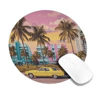 Tropical Sunset Square Desk Mouse Pad, Peach Yellow Palm Trees Stitched Edge Mousepad, Rubber Non-Slip Washable Gaming Mouse Pad for Home and Office Computer, Laptop Round 8x8 Inch