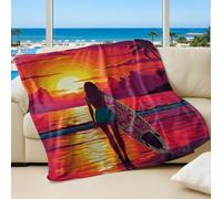 Tropical Sunset Surfing Girl Printed Flannel Blanket, Super Soft Cozy Throw Blanket for Adults Sofa Bed (01,200x200cm)