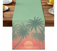Tropical Sunset Table Runner, Green Red Gradient Beach Palm Tree Silhouette Cotton and Table Linen Runner for Kitchen Dining Home Decor for Party Festival Holiday Decoration Gift 13x72in