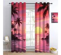 Tropical sunset Thermal Insulated Drape, palm trees Ring Top Blackout Curtains, Pinkish-purple island landscape Drapes W60 x L140cm 2 Panels, Sky Coast Eyelet Darkening Curtain for Boys Girl Bedroom