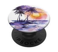 Tropical Sunset with Purple Beach and Palm Trees PopSockets Adhesive PopGrip