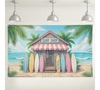 Tropical Surf Shop Wall Backdrop, Colorful Beach Scene Party Decorations, Summer Coastal Photography Background for Indoor/Outdoor Events 71x43 Inch
