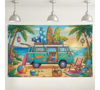 Tropical Surf Van Backdrop, Colorful Beach Party Decorations, Summer Coastal Photography Background for Events and Celebrations 71x43 Inch