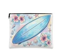 Tropical Surfboard Cosmetic Bag, Watercolor Floral Makeup Pouch for Women, Portable Canvas Zipper Organizer, Summer Beach Travel Toiletry Bag, Blue, 7x9 Inch, Surfboard