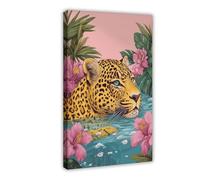 Tropical Swimming Leopard Print on The Wall Bold Color Leopard Poster, Fun Altered Animal Portrait, Canvas Poster Bedroom Decor Landscape Office Room Decor Gift 24x36inch(60x90cm)