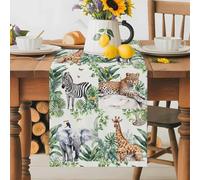 Tropical Table Runner 13x48 Inches Long Elephant Giraffe Tiger Zebra Cotton Linen Table Runner Burlap Style for Dinner Table Party Decor Tabletop Decorations