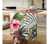 Tropical Table Runner Monstera Palm Leaves Pink Flowers Modern Summer Table Runner Table Decoration for Farmhouse Kitchen Dining Room Festival Party Green Leaves Tablecloth 40 x 140 cm