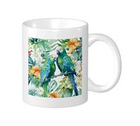 Tropical Tea Cup Art Painting Bird Floral Botanical Leaves Aesthetic Cottage Green Yellow Ceramic Non Spillable Kitchen School Office with Handles 11 Oz (1 Pack)