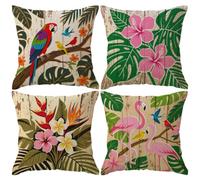 Tropical Throw Pillow Covers 4Pack Jungle Decorative Cushion Cases with Parrot Flamingo Hibiscus and Palm Leaf Boho Decor Pillowcases 18 x 18 Inches for Sofa, Patio, Bedrooms(Beige)