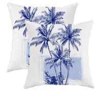Tropical Throw Pillow Covers Set of 2, Blue Palm Tree Print Cushion Cases, Summer Decorative Square Beach Decor for Home Sofa Bed Couch 14x14 Inch