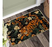Tropical Tiger Doormat, Orange and Green Jungle Theme Door Mat for Spring & Summer Outdoor & Indoor Entrance Decor, Non-Slip Waterproof Dust Absorbent Easy Clean 29x17 Inch