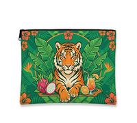 Tropical Tiger Makeup Bag, Vibrant Jungle Cosmetic Travel Pouch for Women, Portable Canvas Zipper Organizer, Summer Skincare Toiletry Bag, Green, 7x9 Inch, Tiger