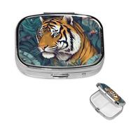 Tropical Tiger Pill Box 2 Compartment Square Portable Pill Case for Pocket or Purse Pill Holder Weekly Pill Organizer Decorative Metal Medicine Vitamin Organizer Travel Gift