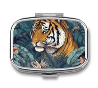 Tropical Tiger Pill Box 2 Compartment Travel Pill Organizer with Mirror Design Portable Pillcase for Pocket Or Purse Square Medicine Case Weekly Medicine Container Holder for Daily Meds