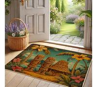 Tropical Tiki Door Mat, Brown Wooden Statues Door Mat for Outdoor & Indoor Entrance Summer Decor, Rubber Waterproof Non-Slip Dust Absorbent Front Doormat, Easy Clean 29x17 Inch