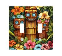 Tropical Tiki Mask Light Switch Cover Plates/Outlet Covers, Colorful Island Theme for Summer Decor, Thermoplastic Wall Plates, Standard Size Double Toggle