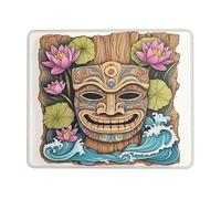 Tropical Tiki Mask Mouse Pad, Colorful Floral Design with Peach Water Lily Flowers, Beach Theme Mousepad, Stitched Edge Non-Slip Mouse Pad for Home and Office Square 8x10 Inch