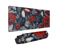 Tropical Toucan Large Mouse Pad, Dark Floral Design with Red Poppies, Non-Slip Rubber Mousepad for Gaming, Home Office Use 12x32 Inch