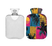 Tropical Tree Blue Red Geometic Retro hot Waterbottle with Soft Cover 2L Warm Water Bottle for Bed for Period Cramps Tummy Warmer Bolsa para agua Caliente