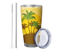Tropical tumbler Pack Of 1 Sunrise Banana Tree Abstract Artistic Pattern Bird Cloud Plant yellow green Metal Reusable No Spill Shatterproof Yard Outdoor Picnic gym with straw Cold Drinks 20 Ounce