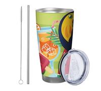 Tropical tumbler Set Of 1 Striped Background Glass Cute Funny Bird Animals Fruit Leaves light green pink Metal Reusable No Spill Shatterproof Yard Outdoor Picnic gym with straw Cold Drinks 20 Ounce