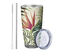 Tropical Tumblers with Lid, Leaves and Flowers Cute Botanical Plant Artistic Green Pink Insulated No Spill for Office Outdoor Club Dorm Room