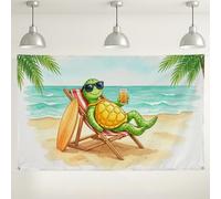 Tropical Turtle Beach Backdrop, Fun Summer Aesthetic Decorative Background, Relaxing Ocean Scene for Parties, Beach Themed Events 71x43 Inch