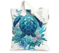 Tropical Turtle Canvas Tote Bags, Artistic Ocean Design Reusable Bags, Summer Eco-Friendly Lightweight Washable Canvas for, Blue, 13x15 Inch
