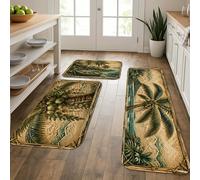 Tropical Vintage Kitchen Mats for Floor, Palm Trees Pattern Soft Mats, Summer Cushioned Comfort Washable Decor Rugs for Kitchen Sinks Laundryroom Bathroom 3pcs