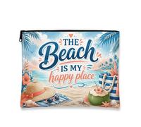 Tropical Vintage Makeup Bag, Beach Themed Cosmetic Travel Pouch for Women, Portable Canvas Zipper Organizer, Summer Skincare Toiletry Bag, Blue, 7x9 Inch, Beach