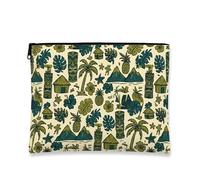Tropical Vintage Makeup Bag, Fun Island Pattern Cosmetic Travel Pouch for Women, Portable Canvas Zipper Toiletry Organizer, Green, 7x9 Inch, Tropical