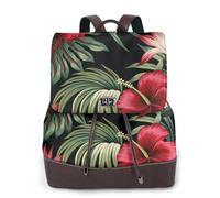 Tropical Vintage Red Hibiscus Strelitzia Floral,Women Backpack Waterproof Daypack Lightweight PU Leather Fashion Travel Backpack