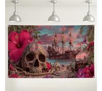 Tropical Vintage Skull Backdrop, Floral Pirate Party Decorations, Beach Theme Background for Photography Events, Summer Celebration Supplies 71x43 Inch