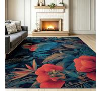 Tropical Washable Area Rug, Soft Carpet for Living Room 120 × 180 | Nature Rainforest Parrots Carpet, Blue Red Non-Slip Low Pile Area Rugs for Bedroom, Dining Room, Kids Room, Office