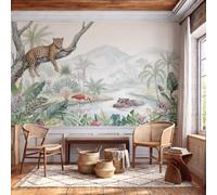 Tropical Watercolor Style Wallpaper Wall Mural | Leopard Flamingo Hippopotamus 3D Effect Wall Decor Silk Poster Wallpaper Dark Green Walls Covering for Living Room Bedroom TV Backdrop Mural 250x175cm