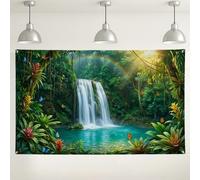 Tropical Waterfall Backdrop, Lush Green Nature Scene Photography Background, Vibrant Jungle Decor for Parties and Events, Summer Outdoor/Indoor Wall Decoration 71x43 Inch