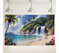 Tropical Waterfall Backdrop, Scenic Beach Landscape Party Decorations, Colorful Floral Photography Background for Summer Events and Celebrations 71x43 Inch