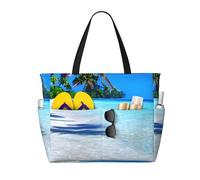 Tropical White Sand Beach and Ocean Print Beach Bags for Women Large Sandproof Beach Tote Pool Bag with Zipper for Vacation Travel