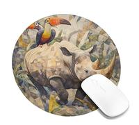Tropical Wildlife Desk Mouse Pad, Colorful Watercolor Rhino and Toucans, Stitched Edge Mousepad, Rubber Non-Slip Washable for Home and Office Computer, Laptop Round 8x8 Inch