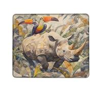 Tropical Wildlife Desk Mouse Pad, Colorful Watercolor Rhino and Toucans, Stitched Edge Mousepad, Rubber Non-Slip Washable for Home and Office Computer, Laptop Square 8x10 Inch