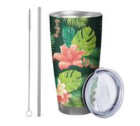 tropical with lid and straw cottage farm leaves plant beautiful botanical flower green pink insulated no spill office outdoor club dorm double wall