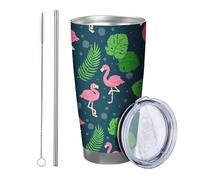 Tropical with lid and straw tumbler Abstract Artistic Bird Leaves Animals Dot Pattern Plant pink green blue Insulated Can Cooler No Spill Office Outdoor Club Dorm Stemless Double Wall 20 Ounce