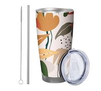 Tropical with lid and straw tumbler Abstract Pattern Bohemian Style Botanical Leaves Artistic yellow green Stainless Metal Hot And Cold No Spill Office Outdoor Club Dorm Coffee drinking cup 20 Ounce