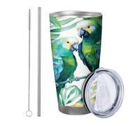 Tropical with lid and straw tumbler Artistic Painting Bird Floral Botanical Leaves Aesthetic Cottage green yellow Stainless Metal Hot And Cold Office Outdoor Club Dorm Coffee drinking cup 20 Ounce