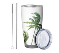 Tropical with lid and straw tumbler Banana Tree Coconut Palm Rustic Cottage Painting Plant Watercolor green white Insulated Can Cooler No Spill Office Outdoor Club Dorm Stemless Double Wall 20 Ounce