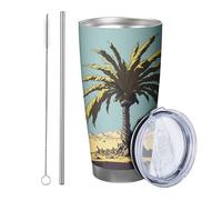 Tropical with lid tumbler Set Of 1 Abstract Banana Tree Mountain Scenery Botanical Painting blue green Insulated Can Cooler No Spill Office Outdoor Club Dorm Stemless Double Wall 20 Ounce