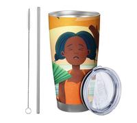 Tropical with lid tumbler Set Of 1 Sunrise Sea Leaves Cure Girl Beach Flower Botanical Bird orange green blue Insulated Can Cooler No Spill Office Outdoor Club Dorm Stemless Double Wall 20 Ounce