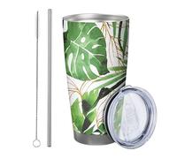 Tropical with lid tumbler Set Of 1 Watercolor Leaves Pattern Plant Artistic Designs Lines green white Stainless Metal Hot And Cold No Spill Office Outdoor Club Dorm Coffee drinking cup 20 Ounce