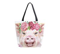 TropicalLife Canvas Tote Bag Watercolor Rose Flower Pig Animal Heavy Duty Cute Shopping Grocery Bag for Women Men School Canvas Shoulder Books Bag
