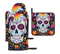 TropicalLife Colorful Sugar Skull Flower Printed Oven Mitts And Pot Holders Sets - 3 Pack - Heat Resistant Oven Gloves For Cooking Baking Kitchen BBQ